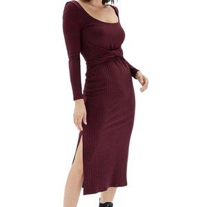 NEW MINKPINK Nora Waist Tie Midi Dress Ribbed Wine Burgundy Scoop Neck Knit
